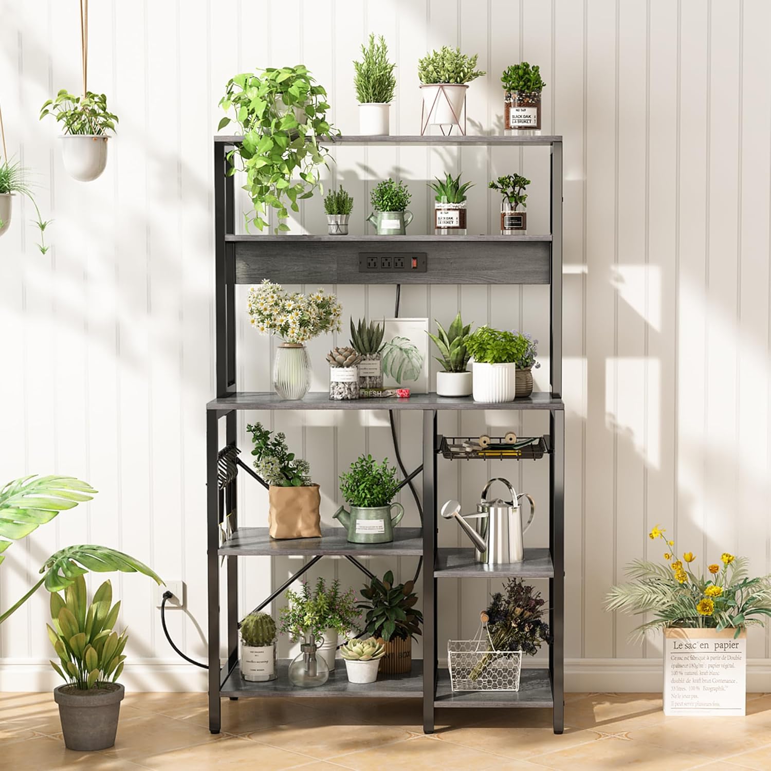 SUPERJARE Bakers Rack with Power Outlet, 35.4 Inches Coffee Bar with Wire Basket, Kitchen Microwave Stand with 6 S-Shaped Hooks, Open Storage Shelves, Charcoal Gray