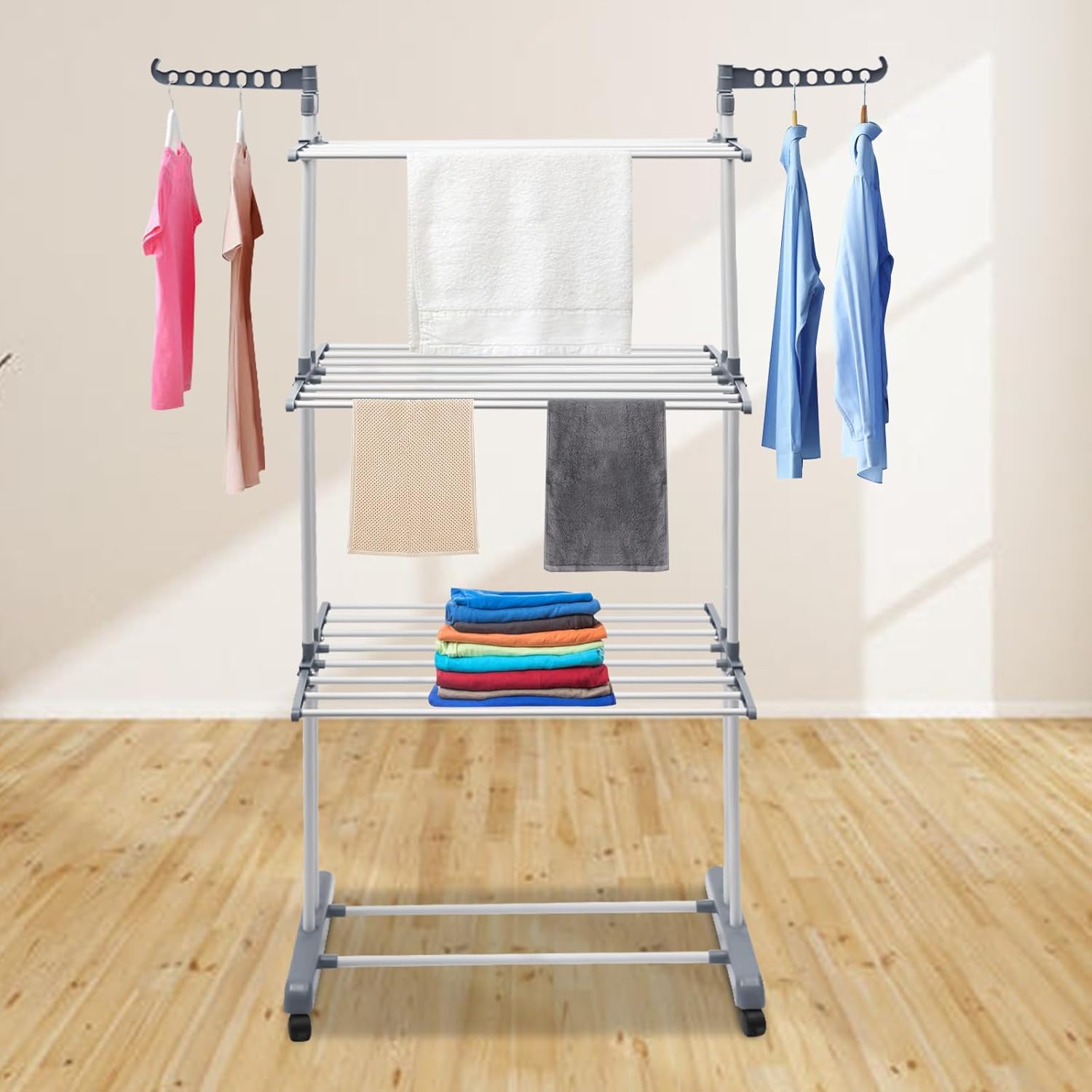 Clothes Drying Rack, 4-Tier Foldable Stainless Steel Drying Rack, Movable Drying Rack with 4 castors, for Balcony, Patio, Indoor Outdoor Use