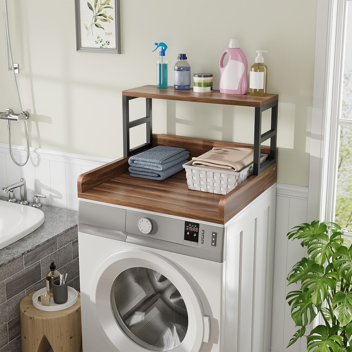 Washer Dryer Countertop with Shelf, 27.5″D x 27.5″W x 16.7″H, Countertop for Washer and Dryer Top with Non-Slip Pads and Edge Rails, Laundry Room Storage and Organization(Walnut)