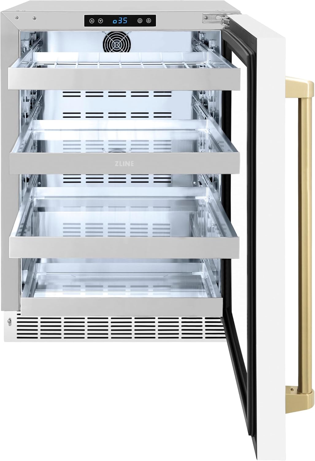 ZLINE Autograph Edition 24 in. Touchstone 151 Can Beverage Fridge With White Matte Glass Door And Champagne Bronze Handle (RBSOZ-WM-24-CB)