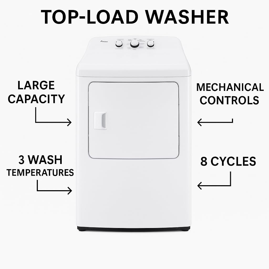 Midea White Top Load Washer and Dryer Pair 3.9 Cu Ft High Efficiency Washer and 6.7 Cu Ft Electric Dryer Bundle with 8 Cycles 4 Temperature Settings Dryer Vent Power Cable and 12 Month CPS Plan
