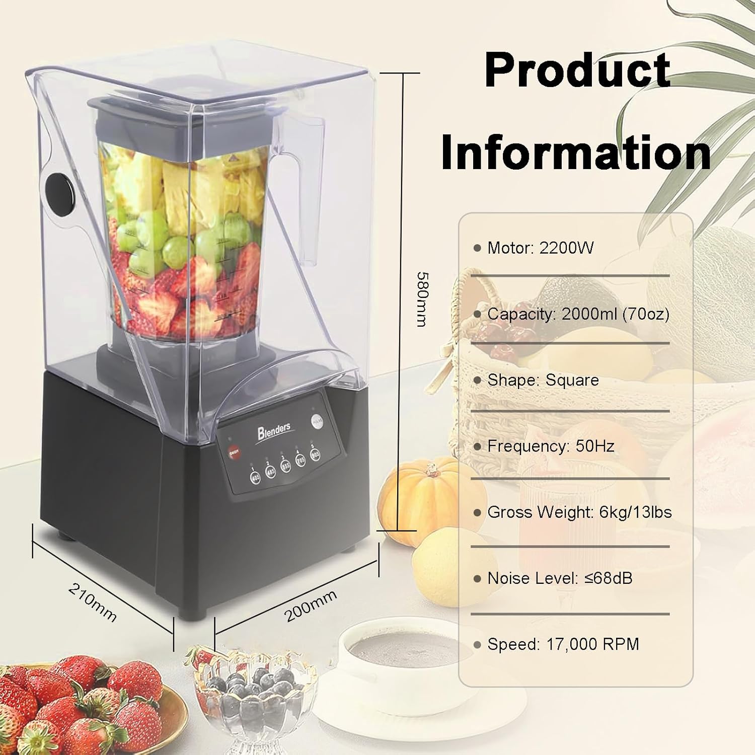 Quiet Commercial Blender With Soundproof Shield, 2200 Watt Professional Blenders For Kitchen With 6-Blade Diamond Turbine Cutter And Self-Cleaning For Juice Bars/Household Smoothie Making