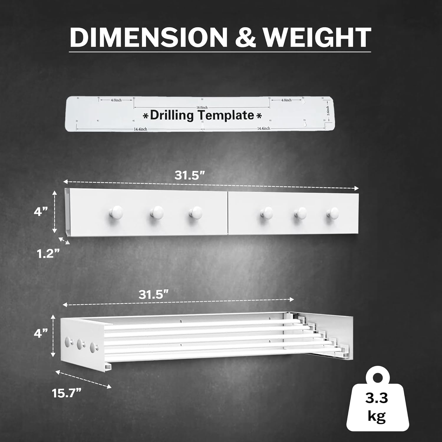 Wall Mounted Drying Racks for Laundry (31.5 Inches Wide) – Retractable Clothes Drying Rack Wall Mounted with Carbon Steel Panel 6 Knobs & 5 Aluminium rods, Wall Drying Rack with Screws (White)