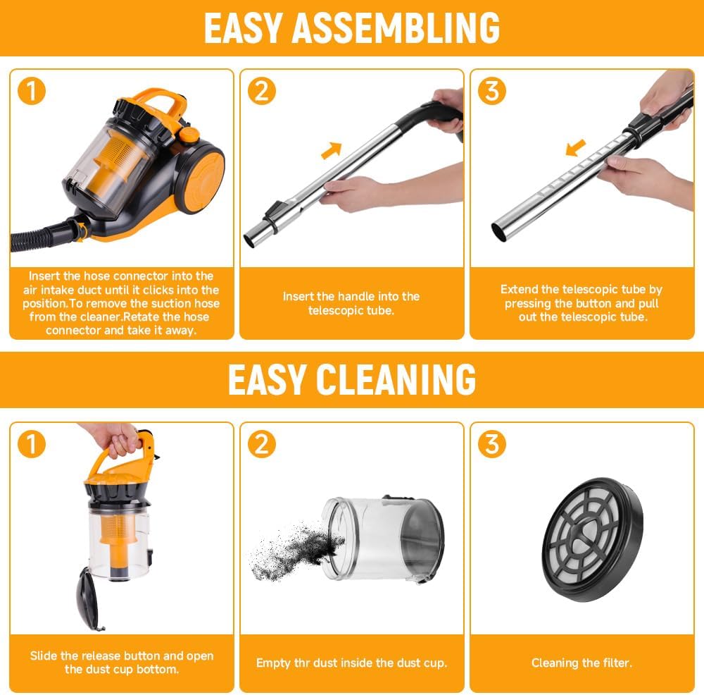 Hoteche 800W Canister Vacuum – 2.5L Powerful & Quiet Cleaner for Hard Floors, Carpets & Pet Hair