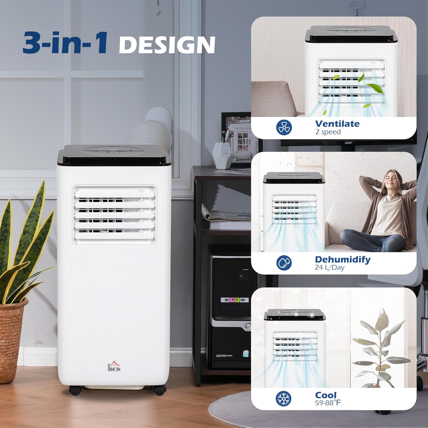 HOMCOM 8000 BTU Air Conditioner for Rooms Up to 345 Sq. Ft., 5-in-1 AC Unit with Cooling Fan, Dehumidifier, Auto, Sleep & Remote, 24H Timer On/Off, Window Installation Kit, White