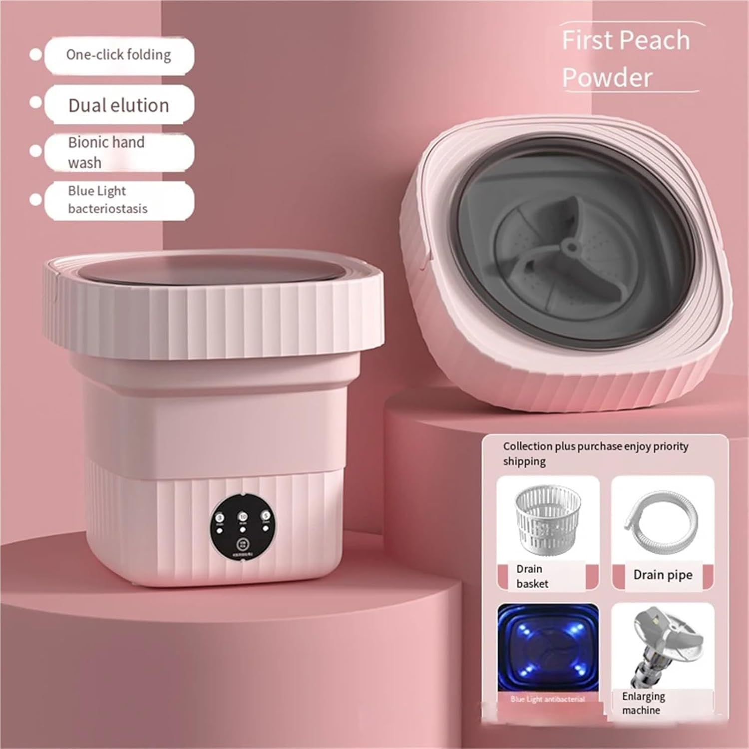 Compact Laundry. Ultrasonic Folding Portable Washing Machine 6L Big Capacity With Spin Dryer Bucket For Clothes Travel Home Underwear Socks .Portable(Pink)