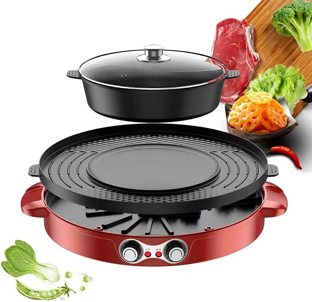 Portable Electric Grill,2-in-1 Electric Smokeless Grill Hotpot,Extra Large Surface Nonstick Pan,Adjustable Temperature Range 0°-1200°C,Indoor and Outdoor Use Useful (Red B)