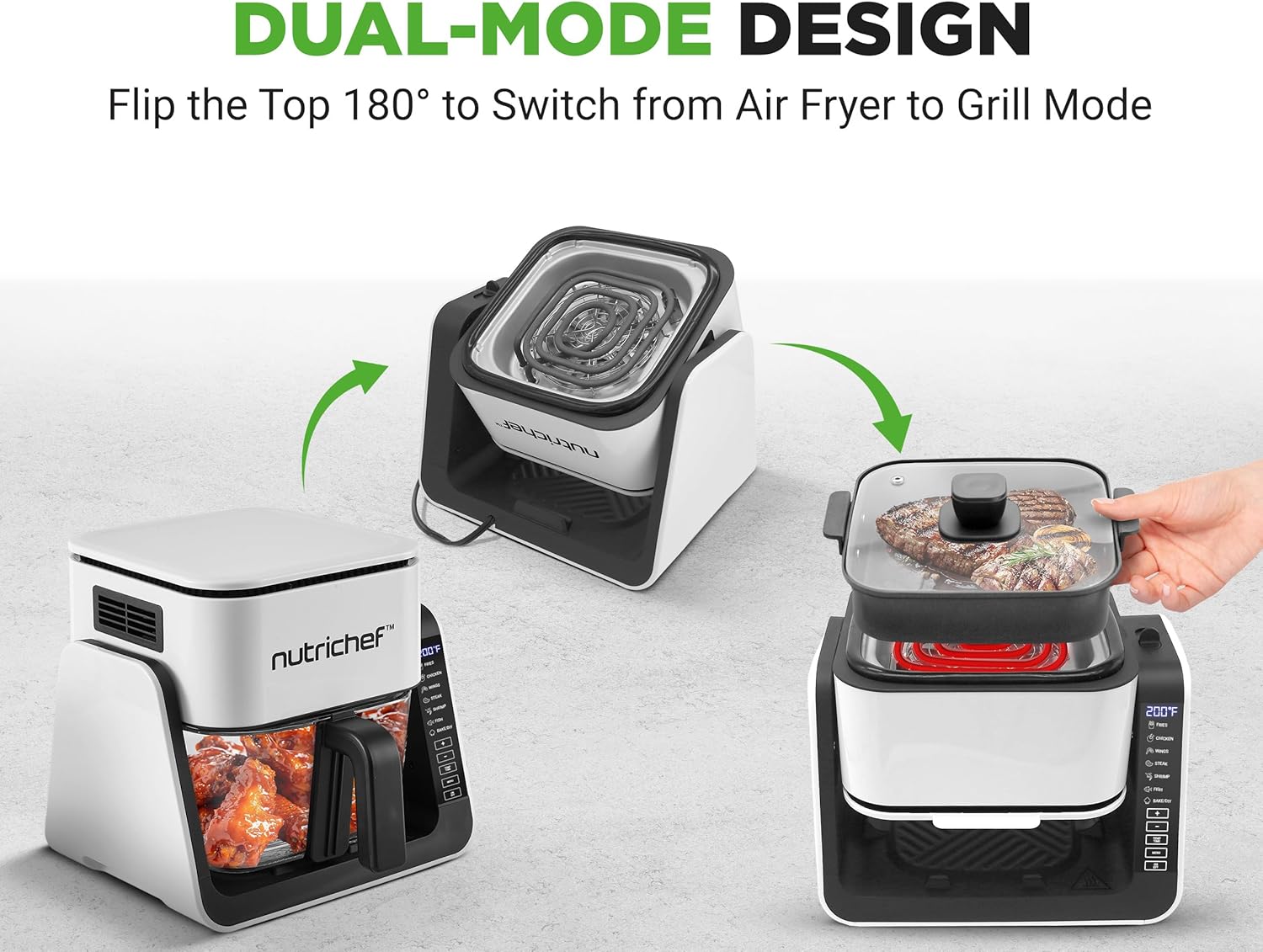 NutriChef 4 QT Air Fryer & Grill | 8-1 Preset Cook Modes | Transparent Fry Bowl for Best Cooking Results | Cook Shrimp, Steak, Fries, Wings & More | 4 QT Glass Air Fryer & 1.2 QT Grill | White