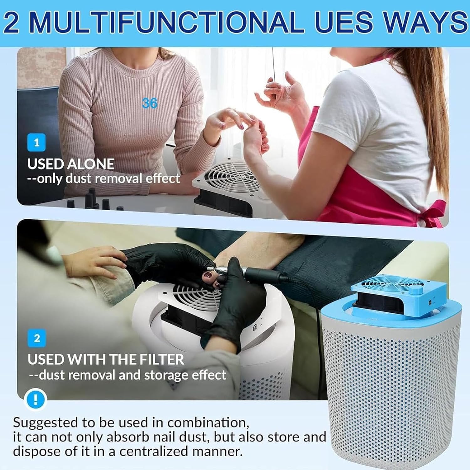 Electric Nail Vacuum Cleaner - Compact Powerful Vacuum with 3600RPM Strong Suction, 3-Speed Control, Quiet Fan for Home Salon Beginners