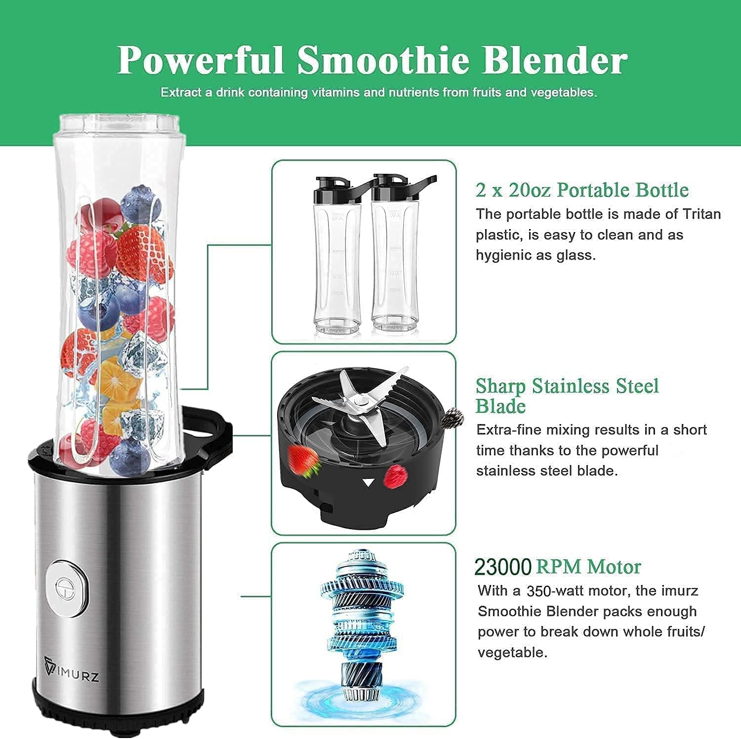 Personal Blender Smoothies Maker with 2 x 600ml Tritan Blending Bottles for Smoothie, Milkshake, Fruit Vegetables Drinks,350W
