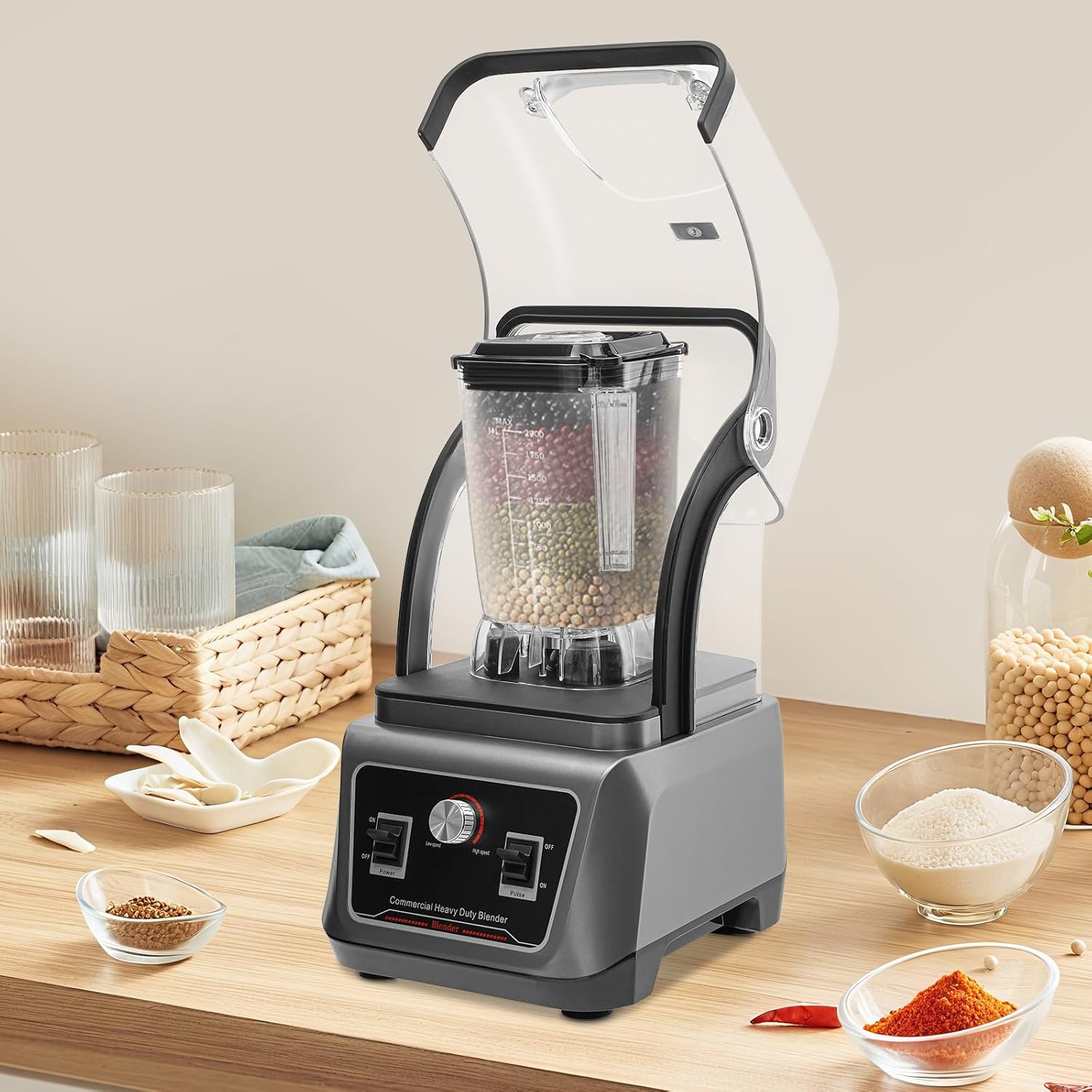 Commercial Blender, 2200W 23000RPM Multifunctional Blenders Stainless Steel Blenders Adjustable Speed Blender Large Capacity Blending Machine w/Soundproof Shield for Homes Restaurants Cafes