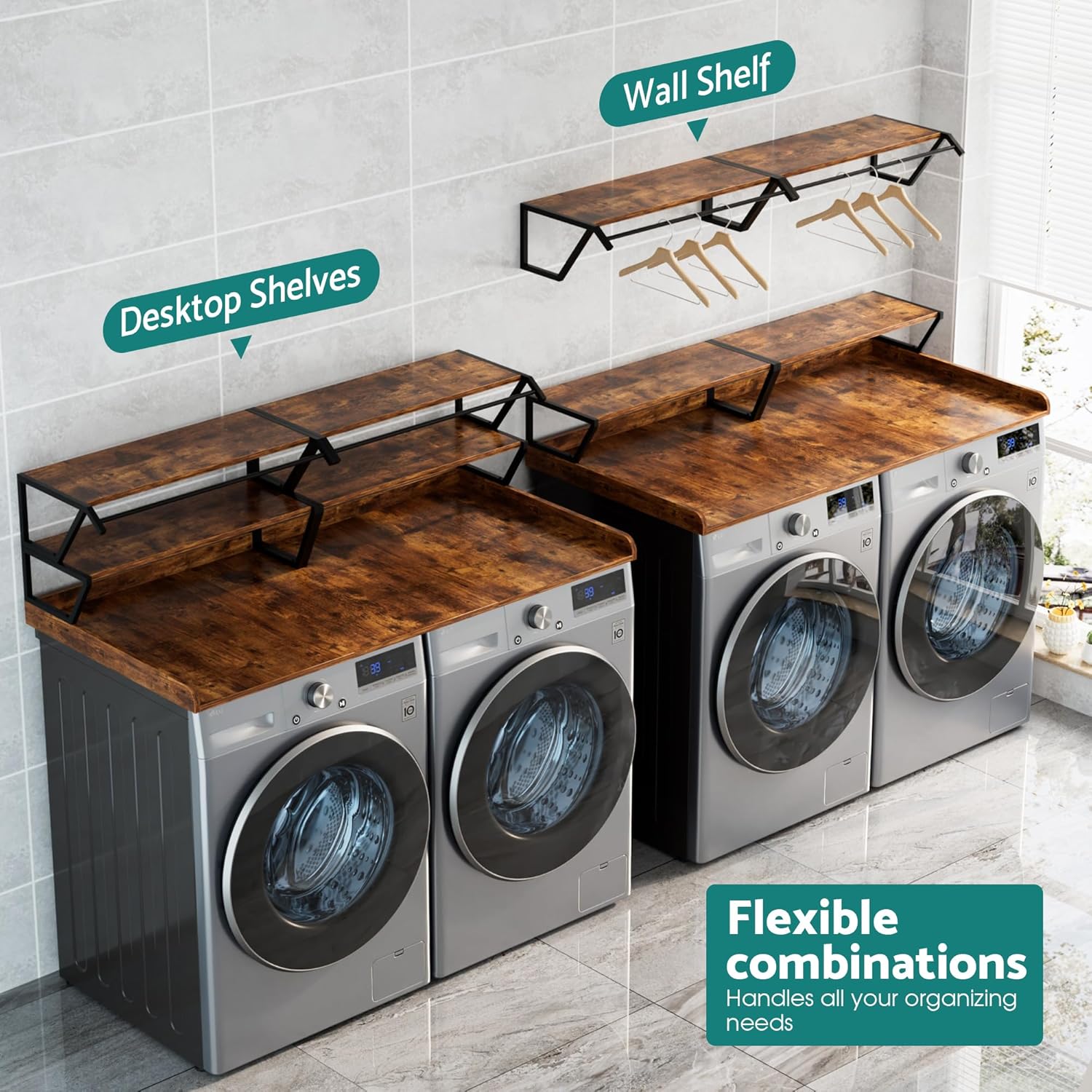 Set Washer Dryer Countertop with Hanging Rod, Laundry Countertop with Shelf for Laundry Room Organization, Washer Dryer Topper with Anti-Slip Pads and Raised Edges Brown