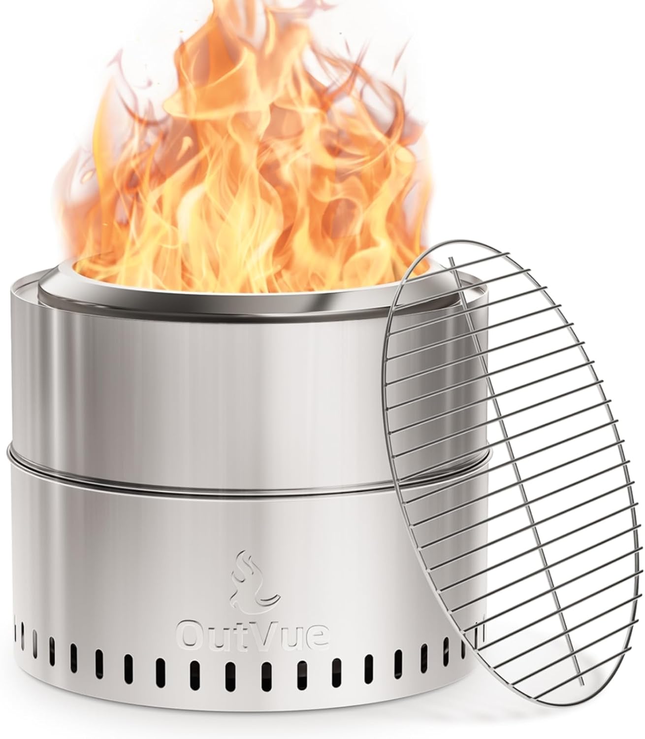 19 inch Stainless Steel Smokeless Fire Pit with Grill, Outdoor Smokeless Firepit, Wood Burning Fire Pits for Camping, Bonfire, Low Smoke Firepit for Outside (Vertical Hole)