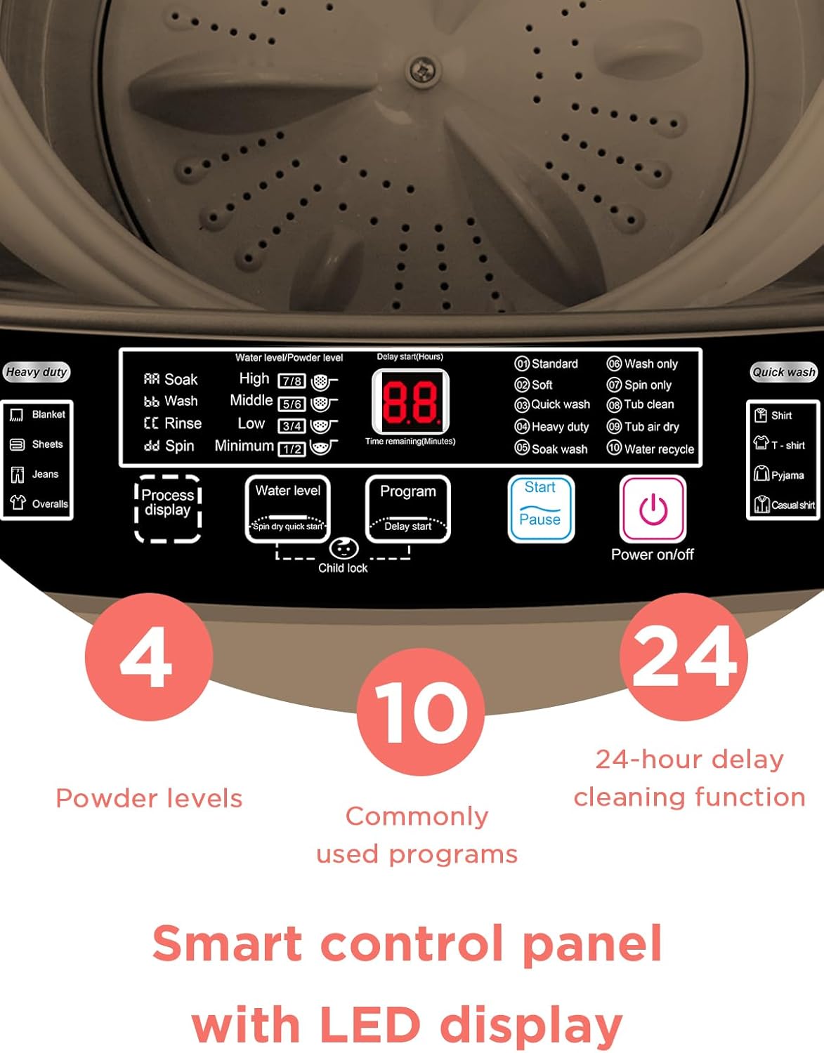 17.7 lbs Full Automatic Washing Machine with Spin Dryer - 10 Wash Programs, 8 Water Levels, LED Display, Drain Pump, Washer for Apartment, Dorm, Home, Gold