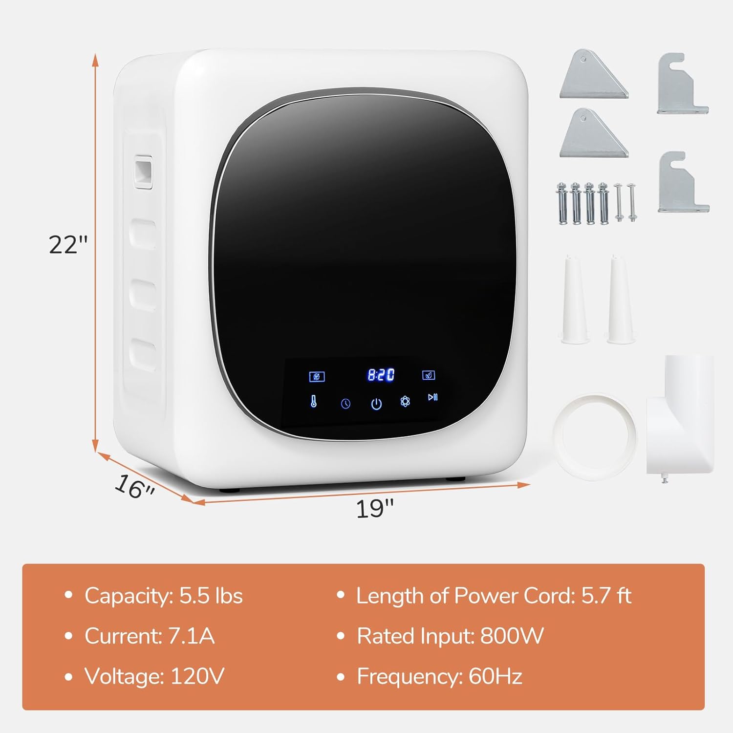 COSTWAY Portable Clothes Dryer, 1.5 cu.ft Compact Drying Machine with Stainless Steel Tub & LED Touch Panel, 800W Electric Laundry Dryer with Intelligent Programs for Apartment, Home, Dorm & RV, White