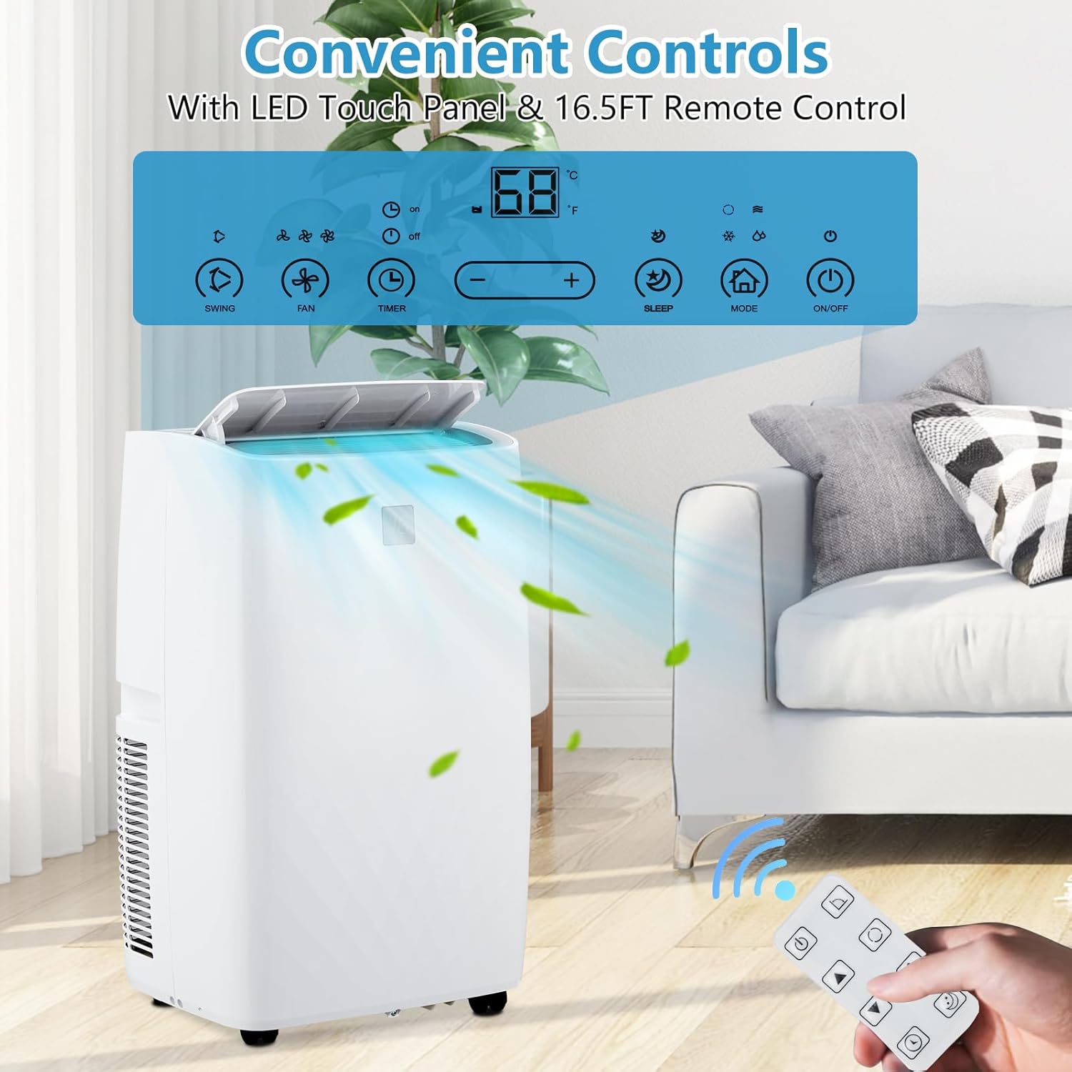 Portable Air Conditioner 14,000 BTU with Built-In Dehumidifier - Portable AC Unit for Rooms Up to 750 Sq Ft - Sleep Mode, Swing Fan, 24H Timer, Remote Control, Window Kit
