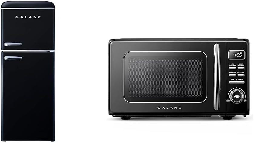 Galanz GLR46TBKER Retro Compact Refrigerator with Freezer Mini Fridge & GLCMKZ07BKR07 Retro Countertop Microwave Oven with Auto Cook & Reheat