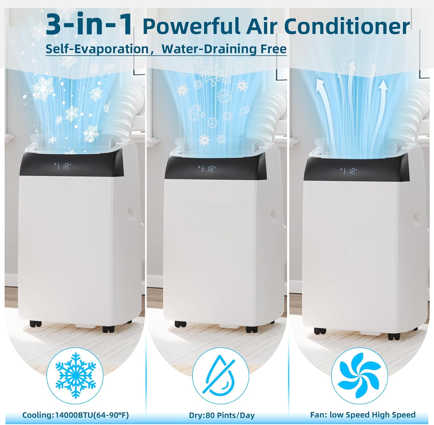 14,000 BTU Portable Air Conditioners, Air Conditioner Portable for Room up to 750 Sq.Ft, 3-in-1 AC Unit with LED Function Display, Dehumidifier & Fan, Installation Kit & Remote Control for Home