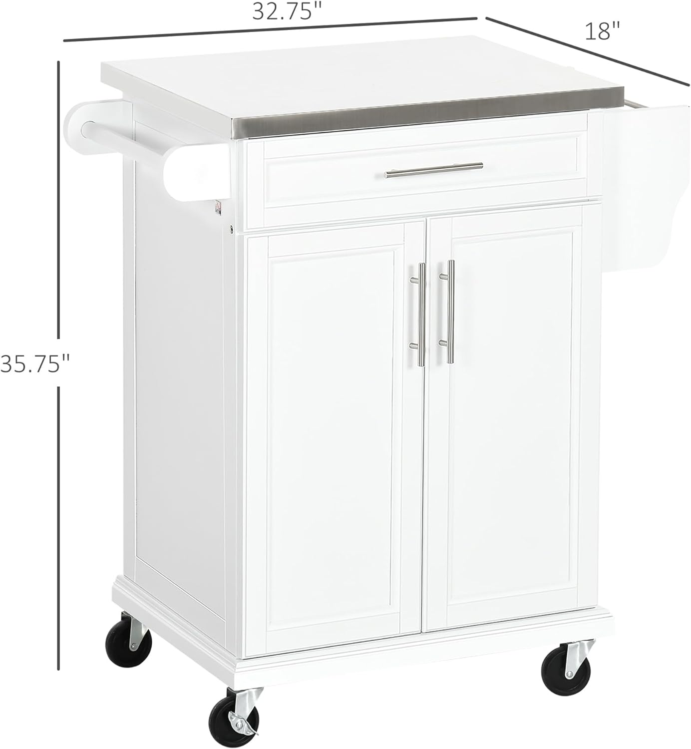 HOMCOM Kitchen Island on Wheels, Rolling Kitchen Cart with Stainless Steel Countertop, Drawer, Towel Rack and Spice Rack, Utility Storage Trolley, White