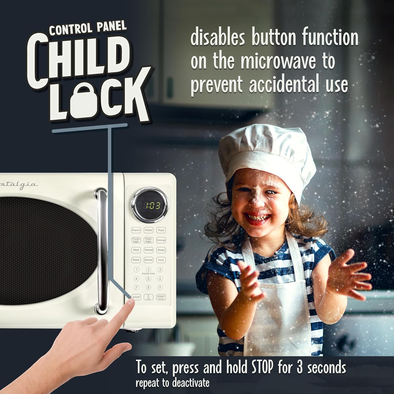 Nostalgia Retro 700W Microwave Oven 0.7 Cu Ft Capacity – Child Safety Lock, 8 Auto-Cook Settings – Countertop Kitchen Appliance – Ivory