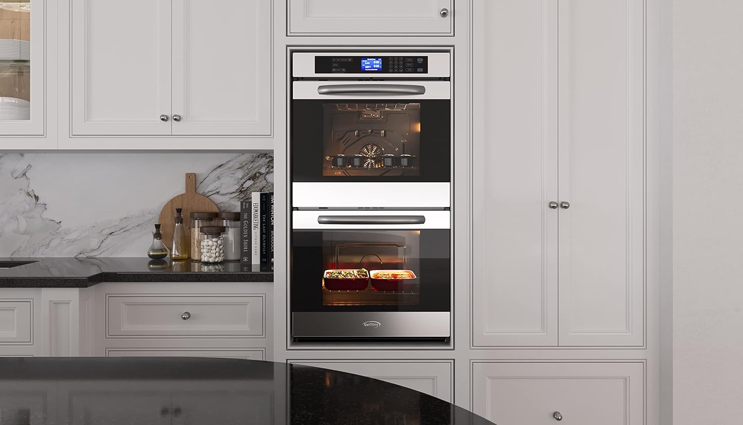 KoolMore 30-Inch Electric Double Wall Oven with Quiet, Rapid Convection Cooking, 7 Cook and Baking Modes, Dual Large Capacity Ovens, Stainless-Steel Unit, Self-Cleaning (KM-WO30D-SS)