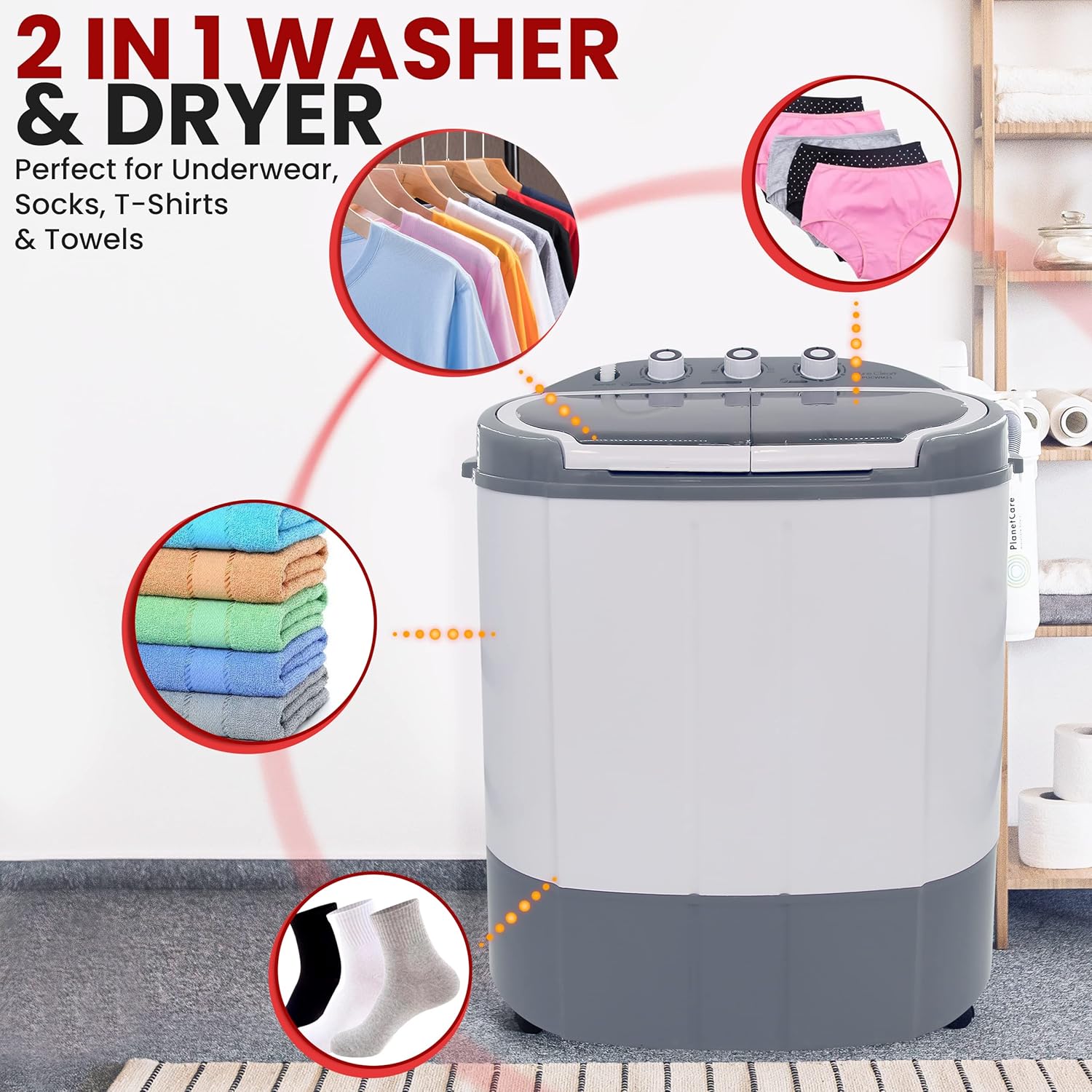 PURE CLEAN Compact Home Washer & Dryer, 2 in 1 Portable Mini Washing Machine, Twin Tubs, 11lbs. Capacity, 110V, Spin Cycle w/Hose, Translucent Tub Container Window, Ideal for Smaller Laundry Loads