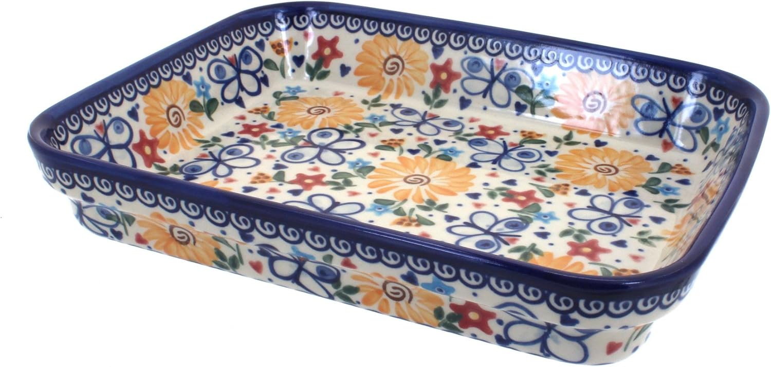 Blue Rose Polish Pottery - Yellow Butterfly Small Rectangular Baker - 10.25