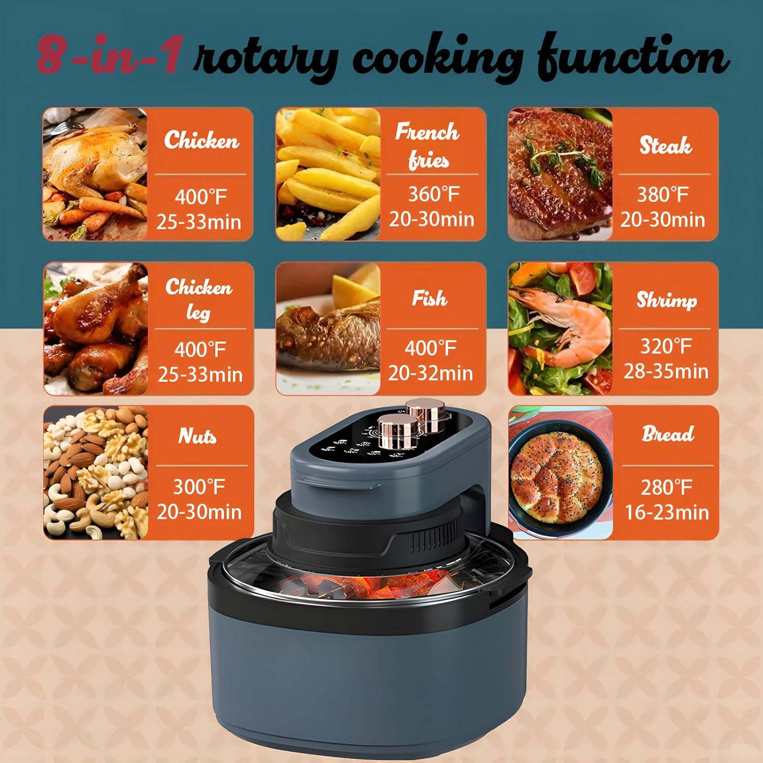 Rotatable 8-in-1 Air Fryer Toaster Oven Combo 7.5QT Large Glass Air Fryer, Rapid HotAir Tech, Family-Size Smart Cooker, Trending Modern Kitchen Essential for Healthy Meals (Dreamy blue)