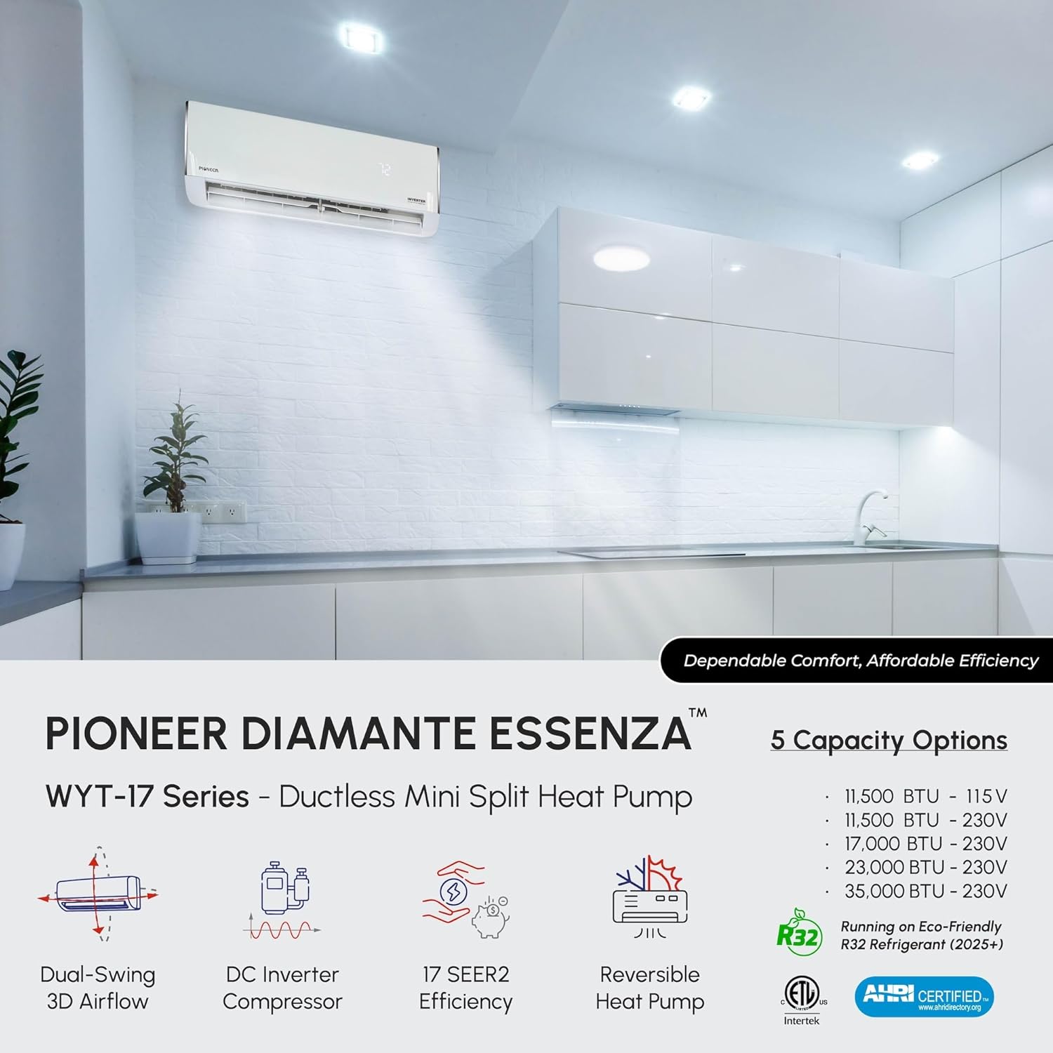 Diamante Essenza 35,000 BTU 17 SEER2 230V High-Wall Ductless Mini-Split Air Conditioner Inverter Heat Pump with 16 Ft. Kit