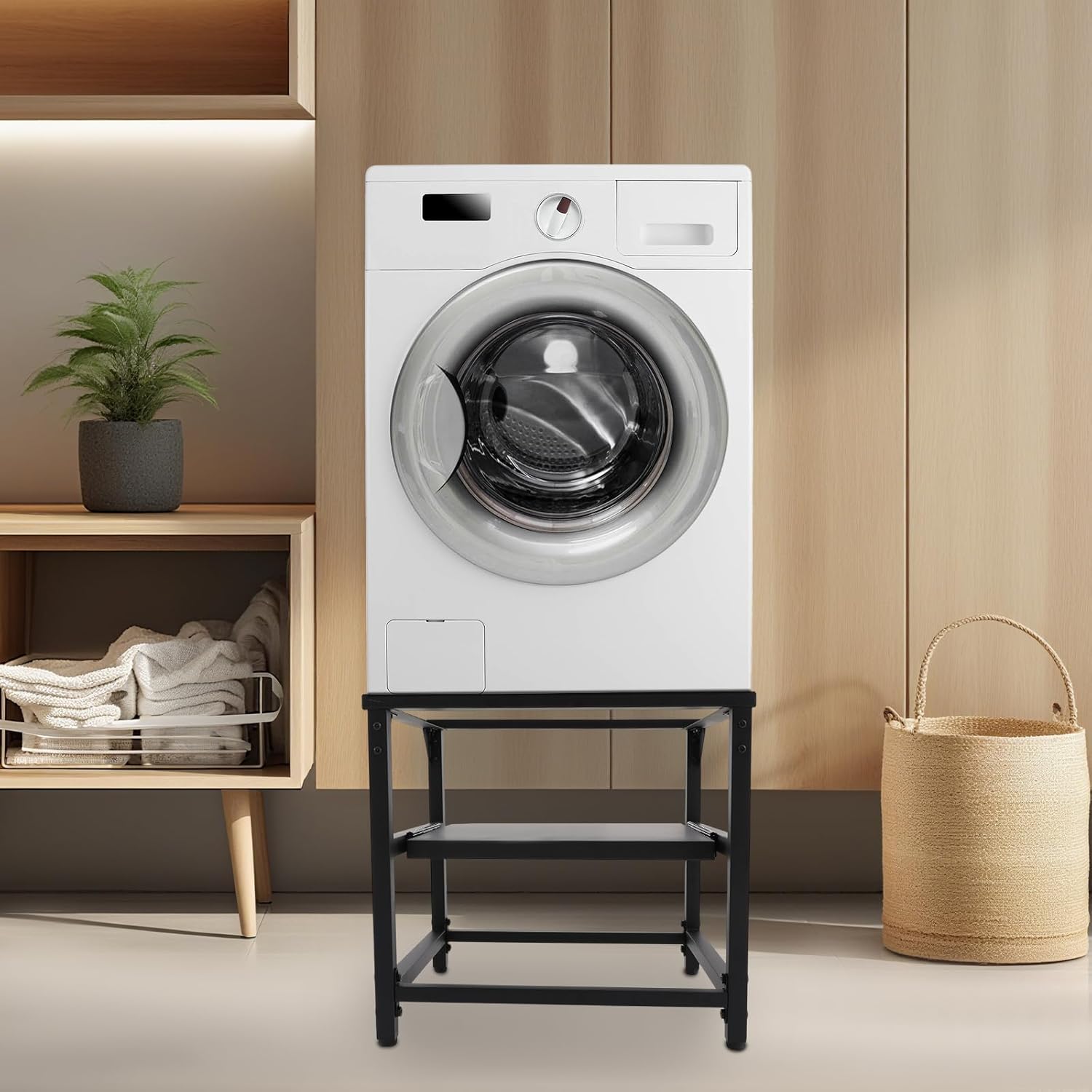 Washing Machine Pedestal Stand with Storage Shelf, 330lbs Heavy Duty Washer Dryer Base, Adjustable Laundry Appliance Riser with Leveling Feet, Anti-Vibration (Black)