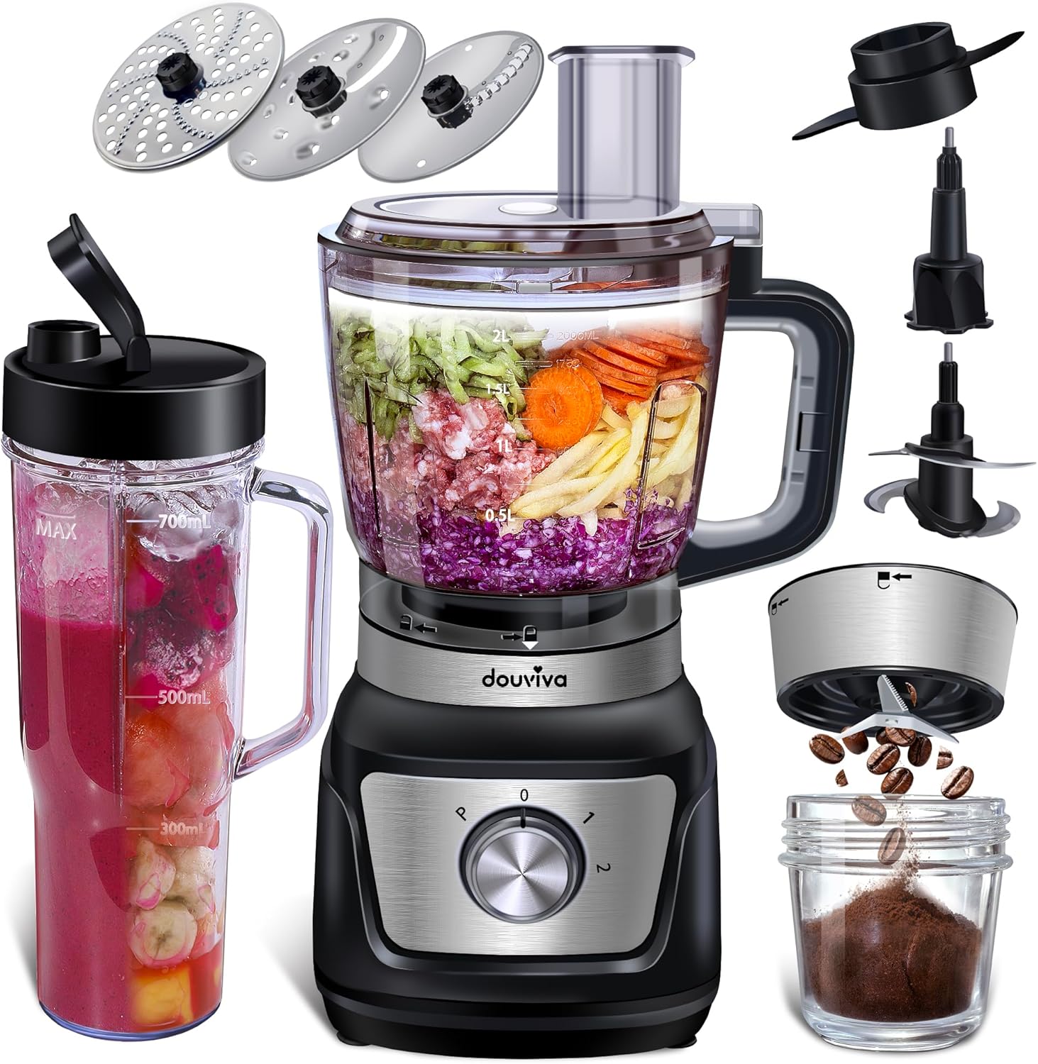 Food Processor Blender Combo,3-1 Countertop Blender with 8-cup Processor Bowl,Grinder,24oz To-Go Lid Cup,1000W Blenders for Kitchen with Smoothies&Shakes, Electric Cheese Grater/Shredding,Dough