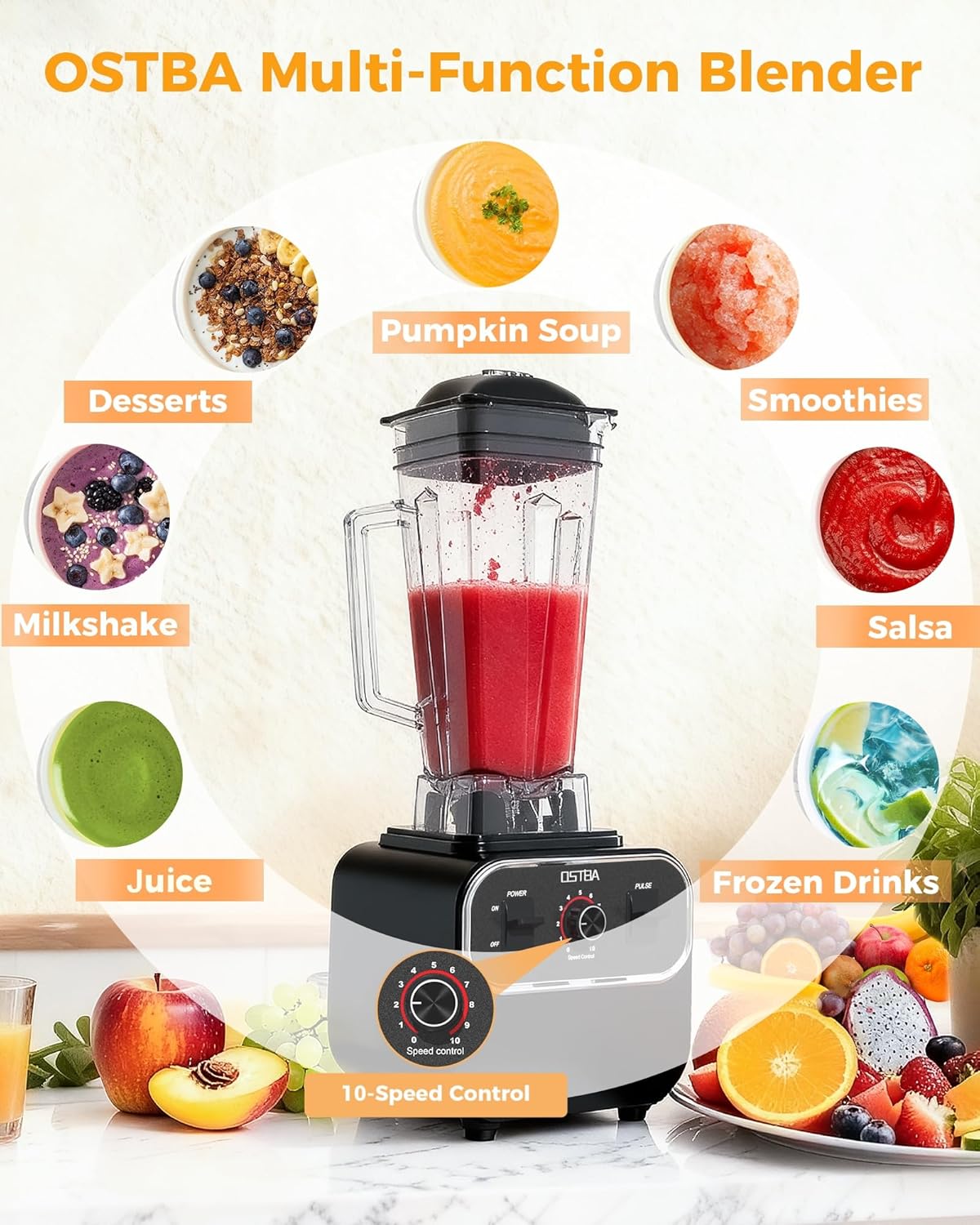 OSTBA Blenders for Kitchen with 68Oz, 1600W Blender for Smoothies, 10 Speeds BPA-Free Countertop Professional Blender for Ice Crushing, Frozen Fruits, Drinks, Self-Cleaning