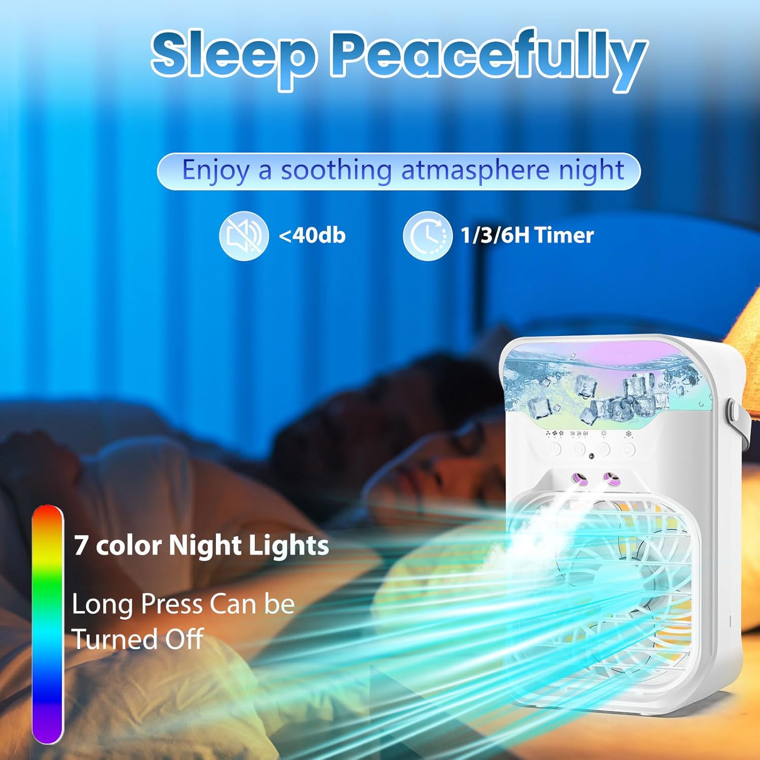 IWENNUAN Portable Air Conditioners, 4 in 1 Portable AC Unit with Remote, 1500ml Water Tank, 3 Speeds, 6H Timer, 2 Spray Mist, 7 Night Light, Personal Mini Air Conditioner for Bedroom, Black