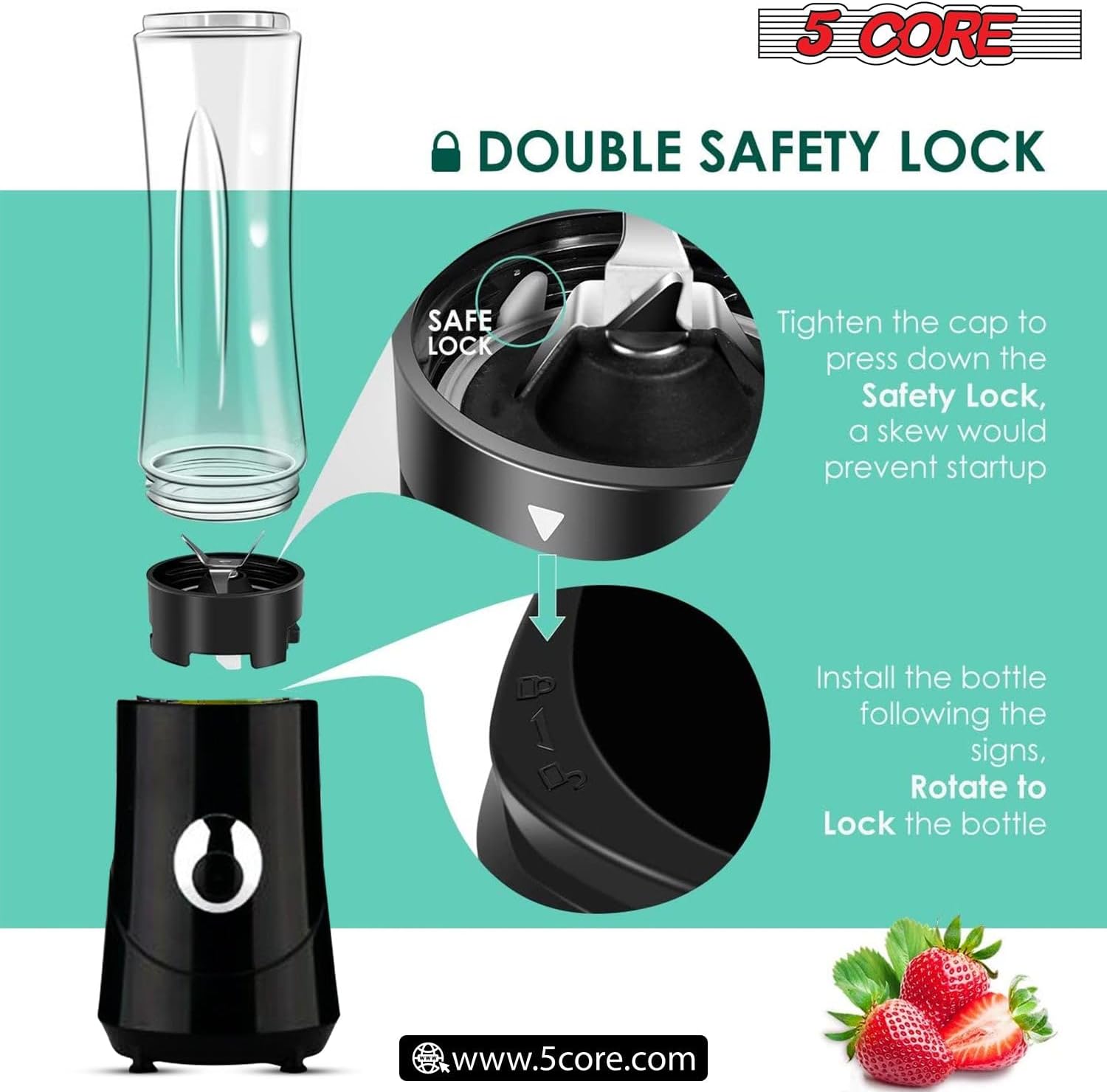 5 Core Smoothie Blender for Shakes and Smoothies, 500ml Powerful 160W Personal Blender & Smoothie Maker with Portable Bottle BPA Free 18 Oz, 4 Stainless Steel Blade, Blenders For Smoothie 5C 421
