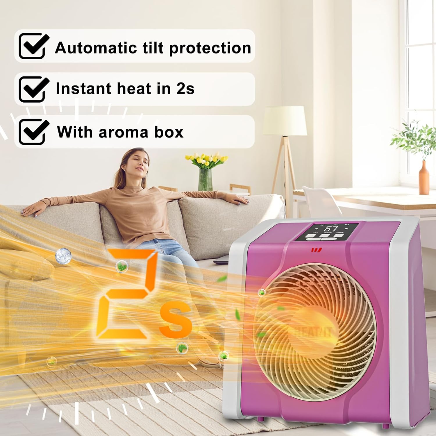 HEATIT Space Heater with Remote for Indoor, Digital Display with Thermostat,Containing Plasma & Ozone, 1-12H Timer, 1500W/750W,Electric Space Heater for Office, Bedroom,Pink,10.6