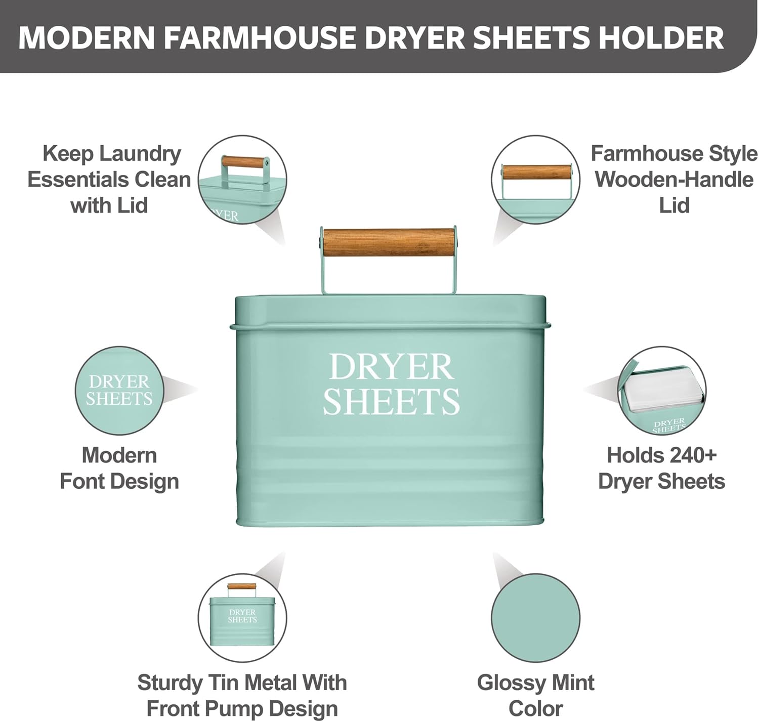 Calindiana Modern Farmhouse Lint Bin, Dryer Sheets Holder and Scent Boosters Container Bundle for Laundry Room Organization and Storage, Laundry Room Decor, Mint