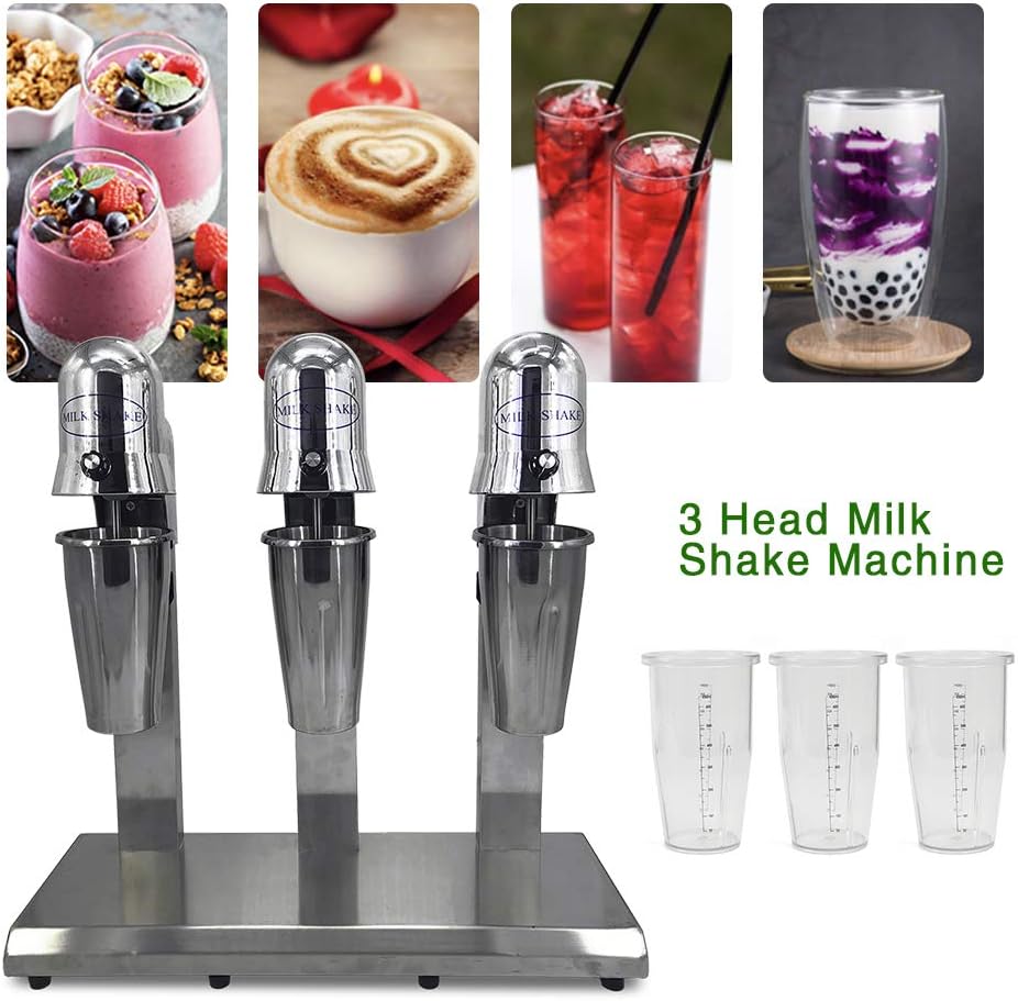 3-Head Commercial Drink Mixer, 180W x 3 High-Speed Milkshake Machine with Stainless Steel and PC Cups, 18,000 RPM Heavy Duty Smoothie Blender for Milkshakes and Beverages