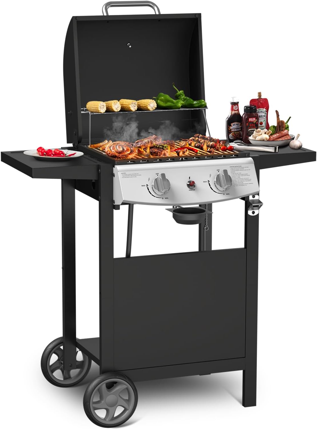 2-Burner Propane Gas Grill with Side Tables-20,000 BTU Stainless Steel Outdoor BBQ Grill,325 sq.in. Portable with Side Storage Shelves and Wheels for Patio, Campingfor Patio & Camping,Black