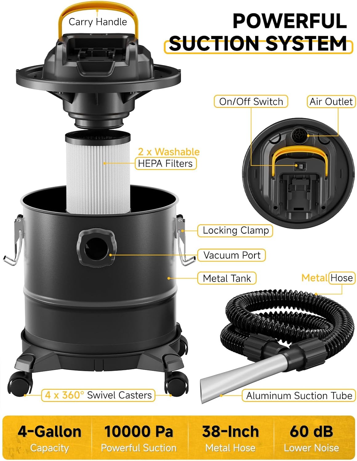 Cordless Ash Vacuum for Pellet Stoves, for DEWALT 20V Max Battery, Pellet Stove Vacuum Cleaner with 2 HEPA Filters, Powerful Suction, 4 Gallons & 4 Wheels, 38