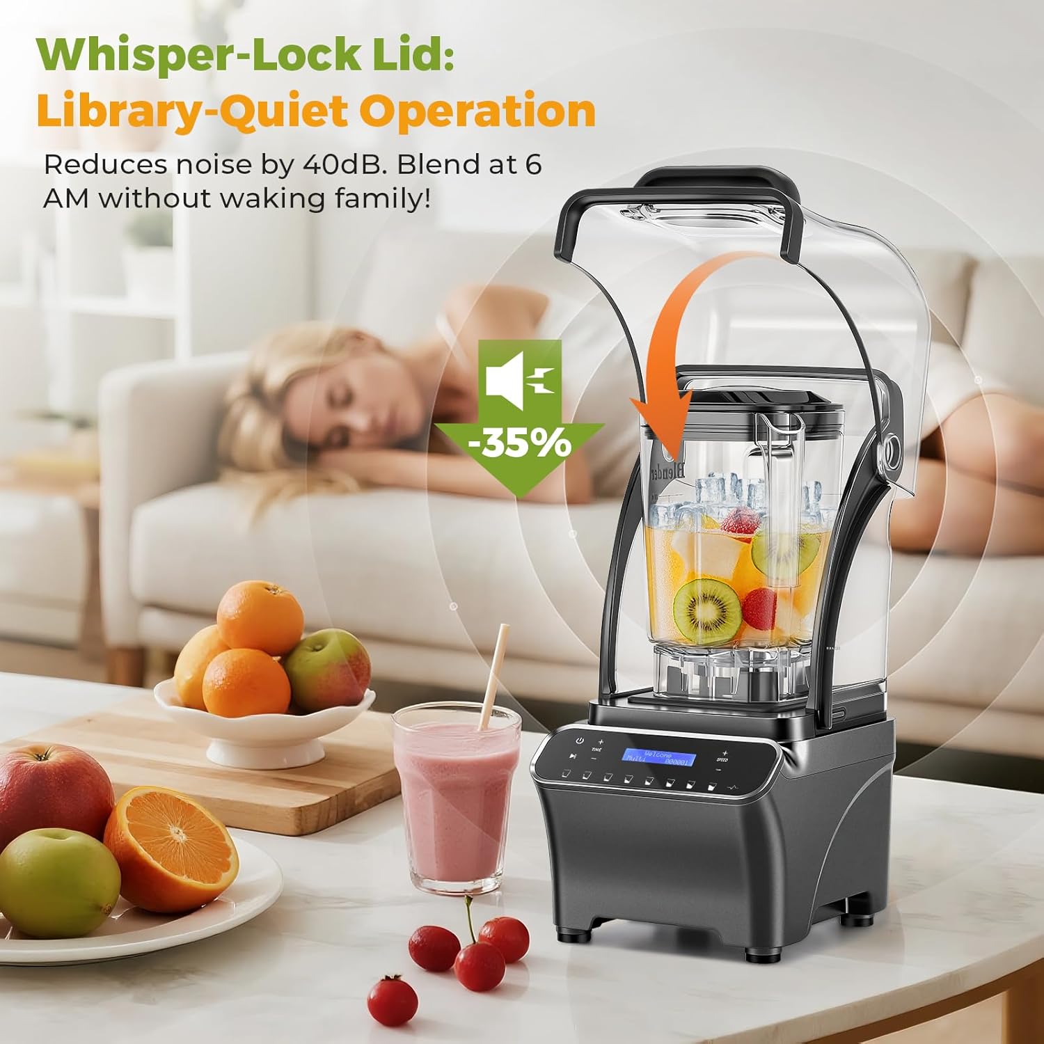 2200W Professional Quiet Blender with LCD Display, 1.8L Ice Crushing Jug, Commercial-Grade Motor, 6-Speed Touch Control & Overload Protection for Smoothies, Ice, Frozen Drinks Silver