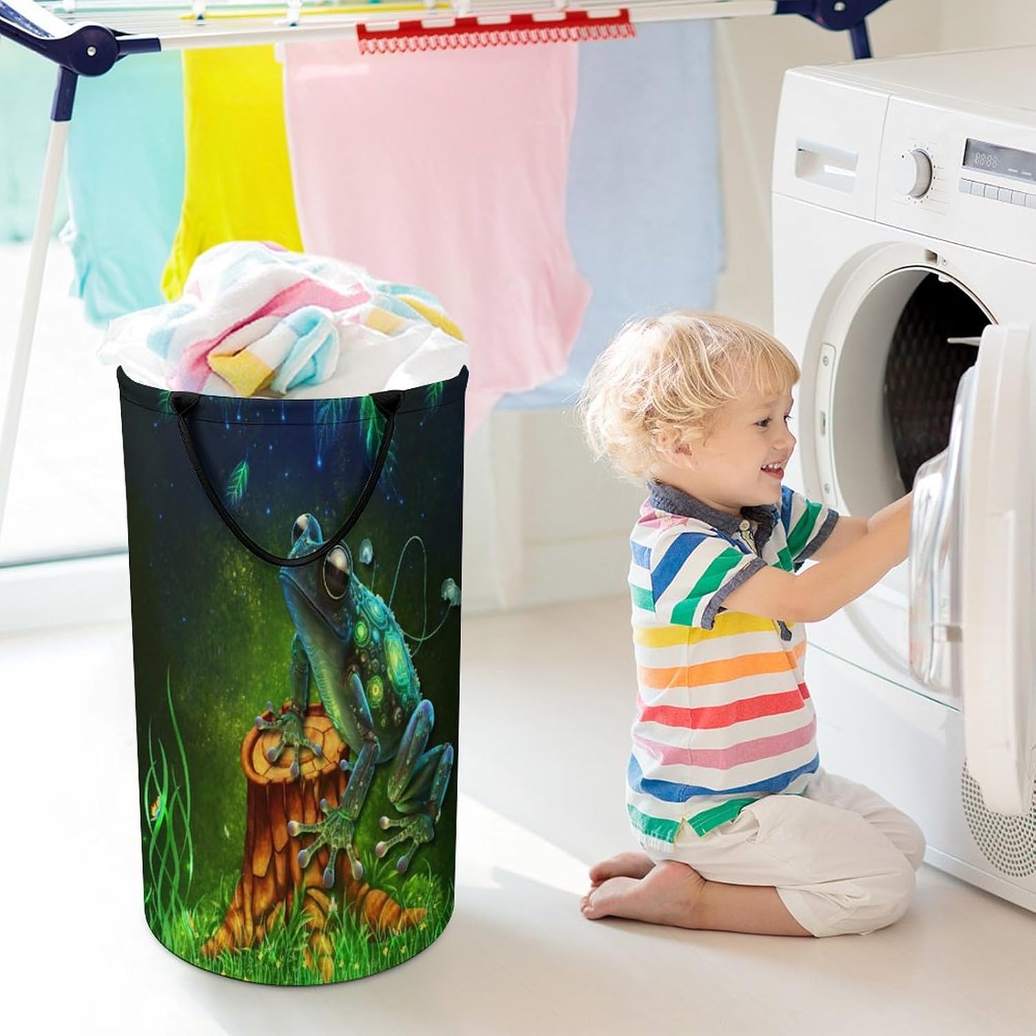 Cool Anime Animal Frog Laundry Hamper Dirty Clothes,Rustic Tropical Forest Eucalyptus Leaves Butterfly Frog Large Laundry Basket Storage Basket For Bathroom 15.7W