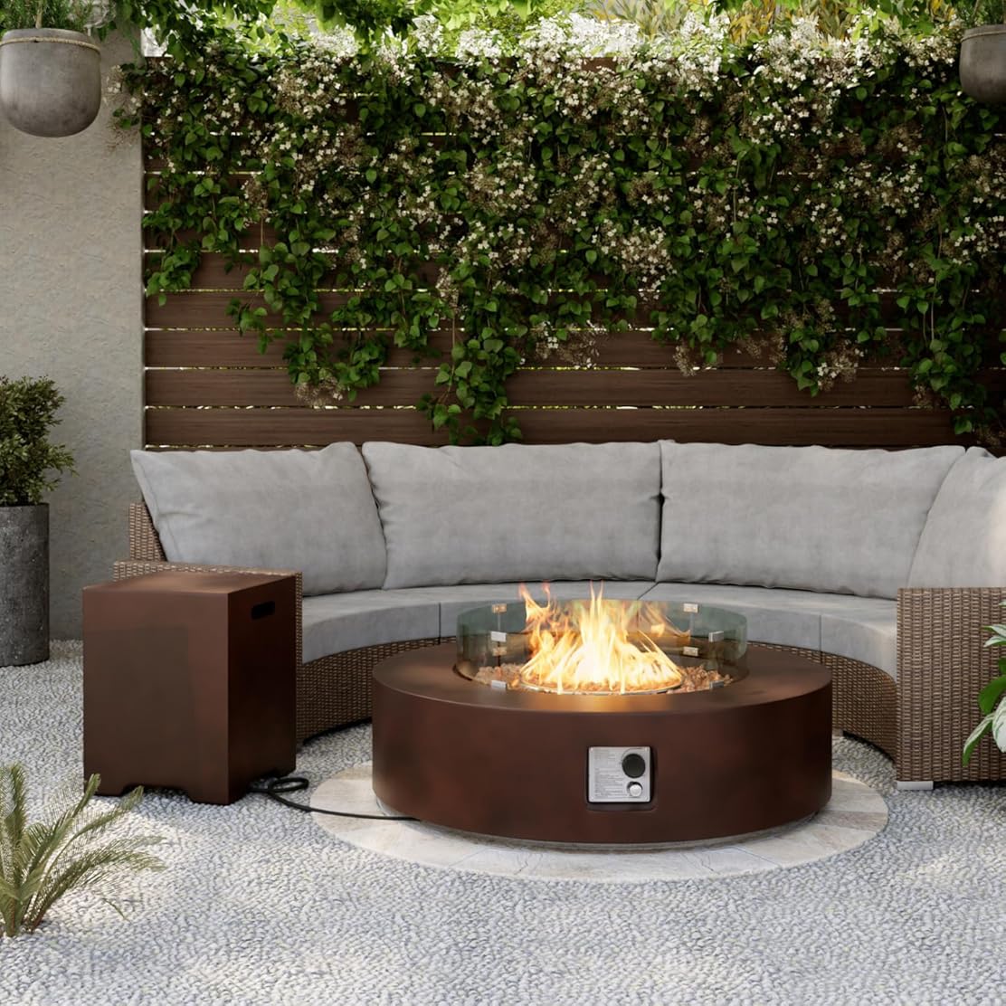 SUNBURY Outdoor Propane Fire Pit,Dark Brown Patio Fire Table 50000 BTU w 20 Gallon Tank Cover, Glass Wind Guard, Waterproof Cover