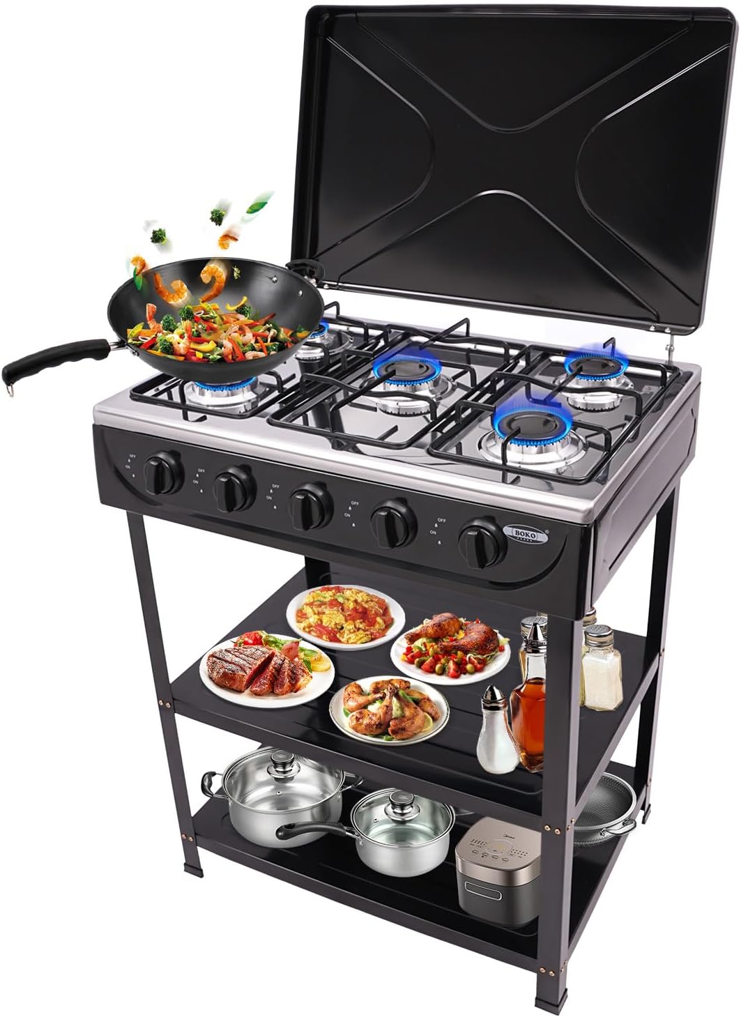Natural Gas Stove, 5 Burner Propane Burner Portable Outdoor Camping Cooking Gas Stove 2.5KW BBQ Grill Stove with 2-Tier Storage Rack (Black)