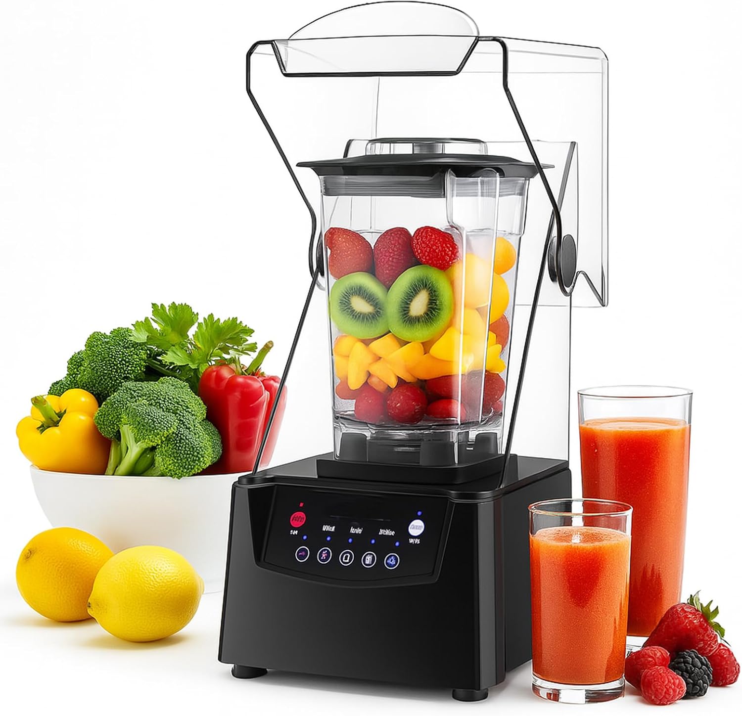 2600W Commercial Smoothie Maker Blender with Soundproof Cover, Quiet High-Speed 1.8L Ice Crusher, 5 Timed Presets, Professional Blender for Shakes, Smoothies, and Juices for Home and Commercial Use