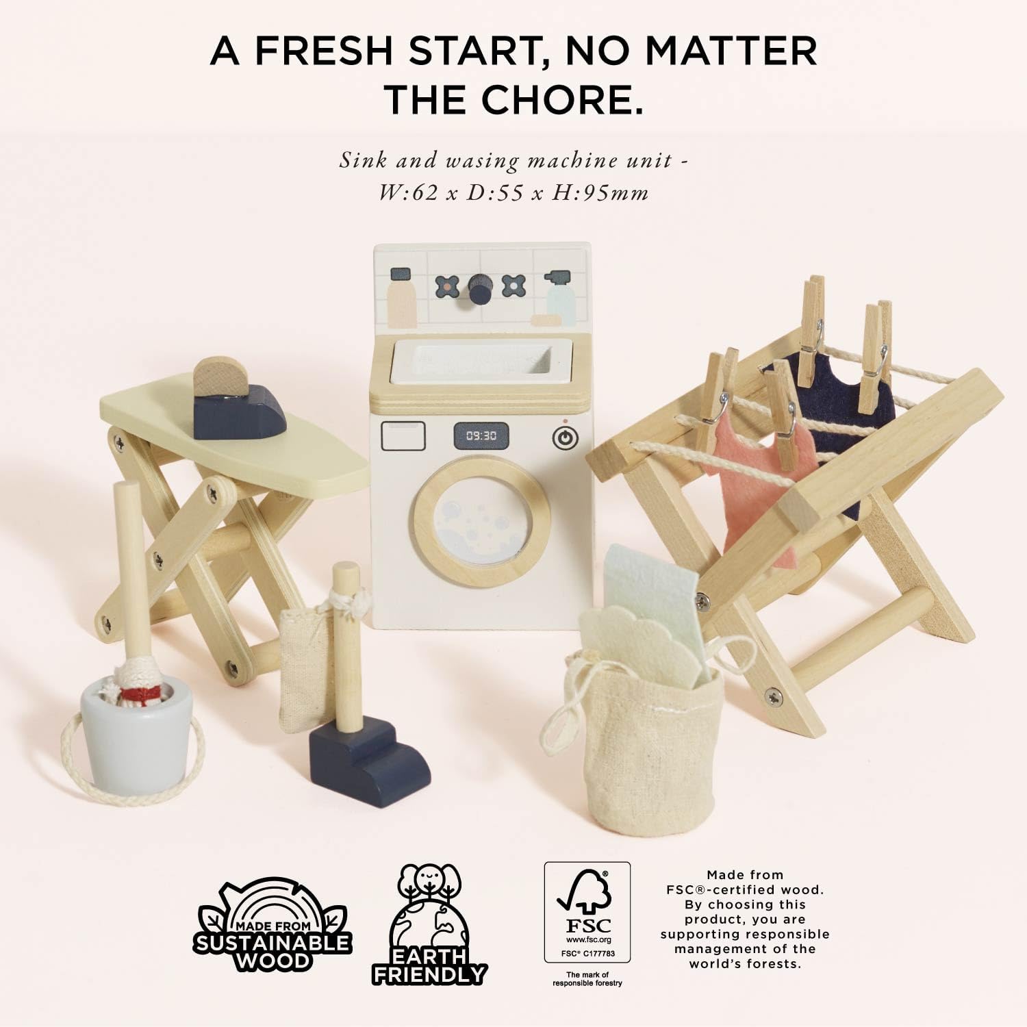 Le Toy Van - Wooden Daisylane Laundry Room Accessories Play Set for Dolls Houses | Girls or Boys Furniture Sets - Suitable for Ages 3+