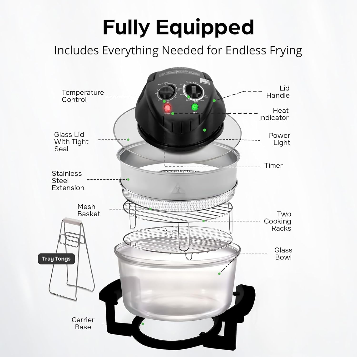 APSARAS USA Upgraded 10 in1 Glass Air Fryer Non Toxic,17 Quart Convection Oven Countertop Air Fryer Glass, Healthy Kitchen Bake,Grill,Steam Broil, & Roast -Includes Bowl,Broil Rack,Toasting Rack