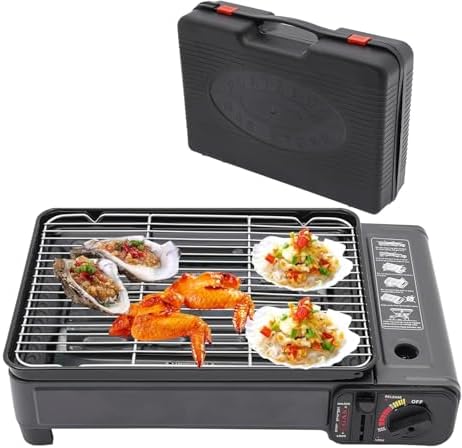 PortableTabletop BBQ Grill, Butane Gas Grill, Adjustable Firepower Mini Propane Grill with Carry Case and Collect Oil Tray for Outdoor Casual Cooking Camping