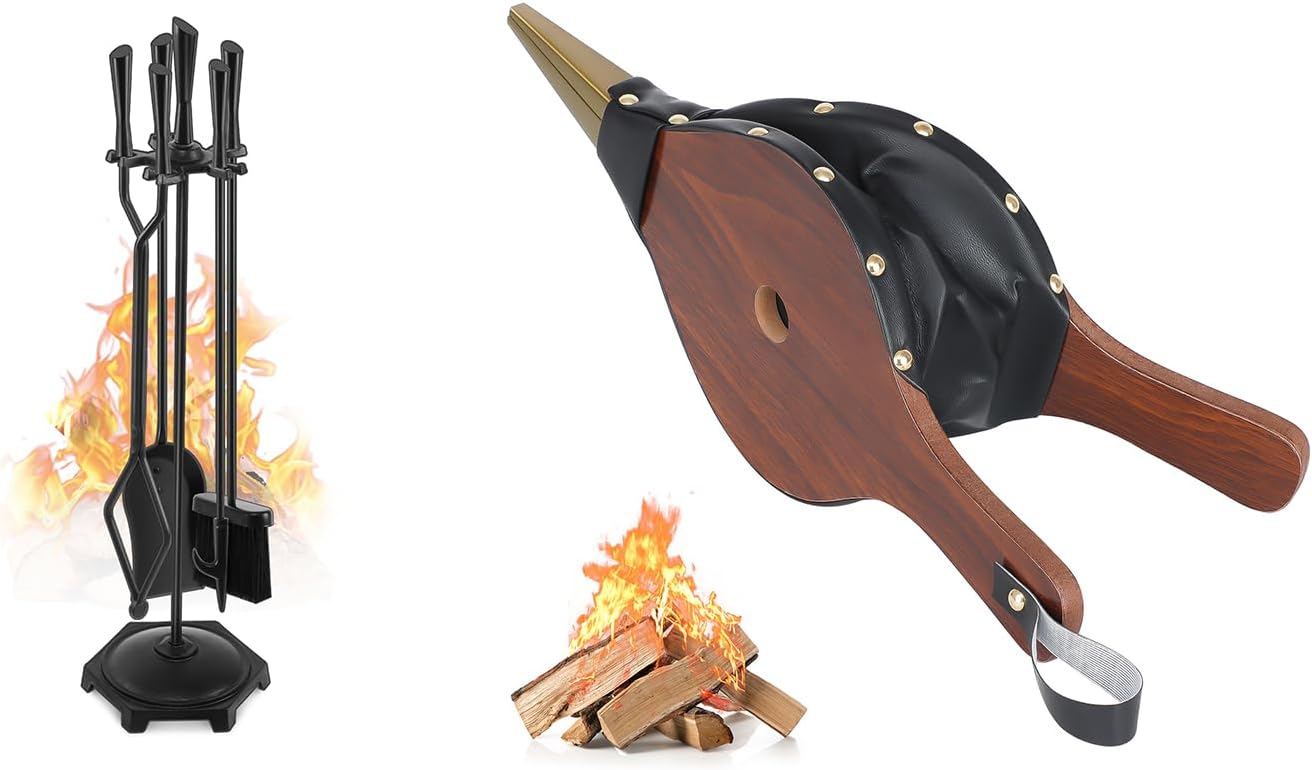 Gtongoko Fireplace Tools Set 5 Pcs 32 Inch Black Bundle Fireplace Bellows Air Blower Cast Nozzle 14.8