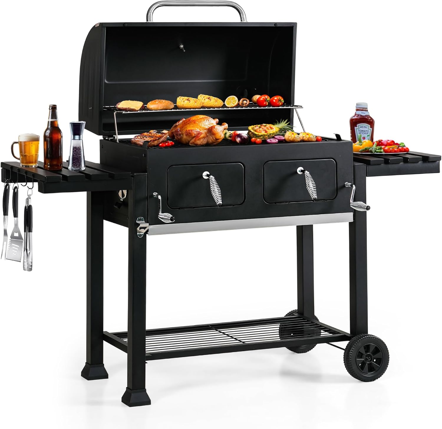 MFSTUDIO Multifunctional Extra Large 49 Inch BBQ Charcoal Grills with Temperature Control, Side Table and Easy Clean Ash Tray, Barrel Barbecue Grill for Multiple-family Household and Friends Party