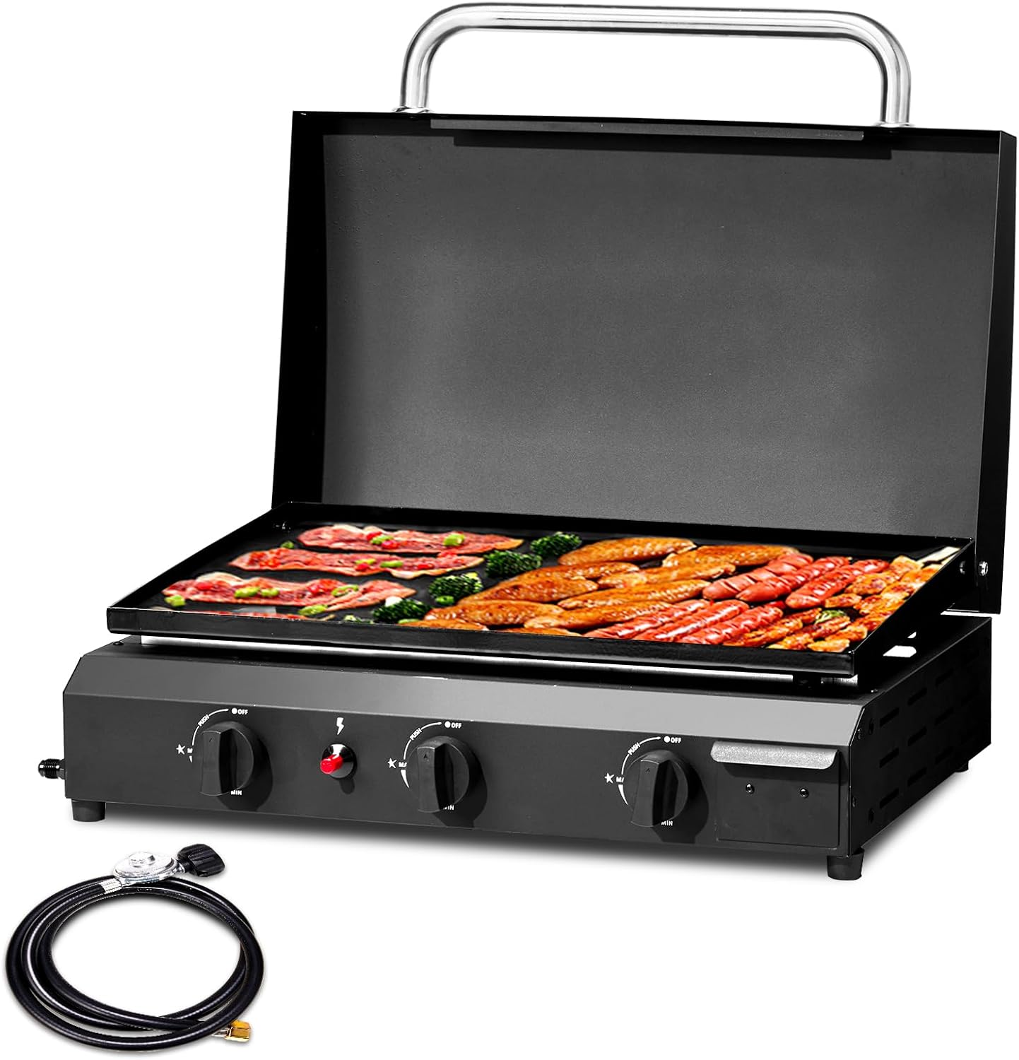 3 Burner Gas Griddle Grill,Outdoor Propane Griddle 30000 BTU Propane Fuelled, Portable Flat Top Gas Grill Camping Griddle with Lid for Kitchen, Outdoor BBQ, Camping